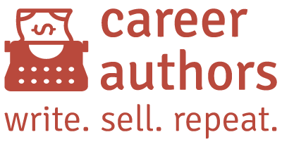 The image is a logo for 'Career Authors' in a terracotta red color. It features a typewriter icon above the words 'career authors' in lowercase, stylistic font. Underneath, the phrase 'write. sell. repeat.' is presented in a simple, sans-serif type.